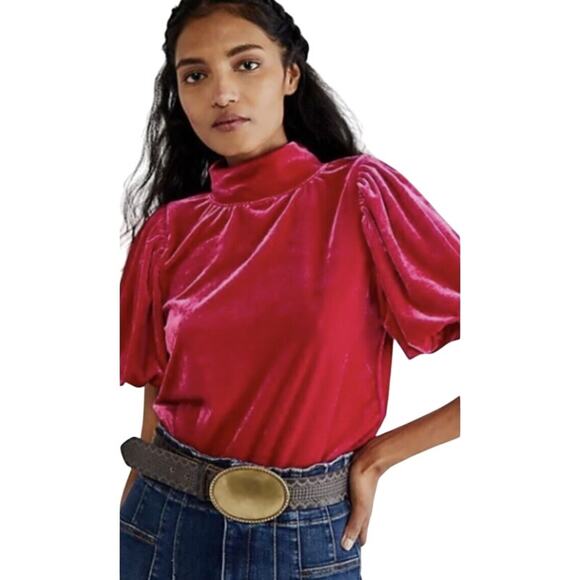 Sanctuary Velvet Puff Sleeve Mock Neck Top Pink Medium Barbiecore Preppy - Picture 1 of 10